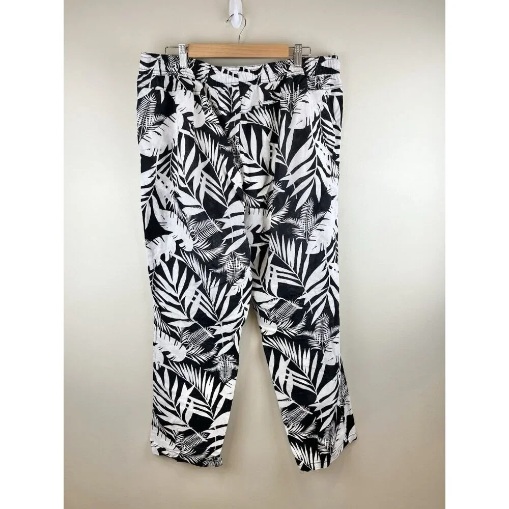 Serra‎ Linen Blend Pants Women’s Sz XL Tropical Print Black White Pull On Crop